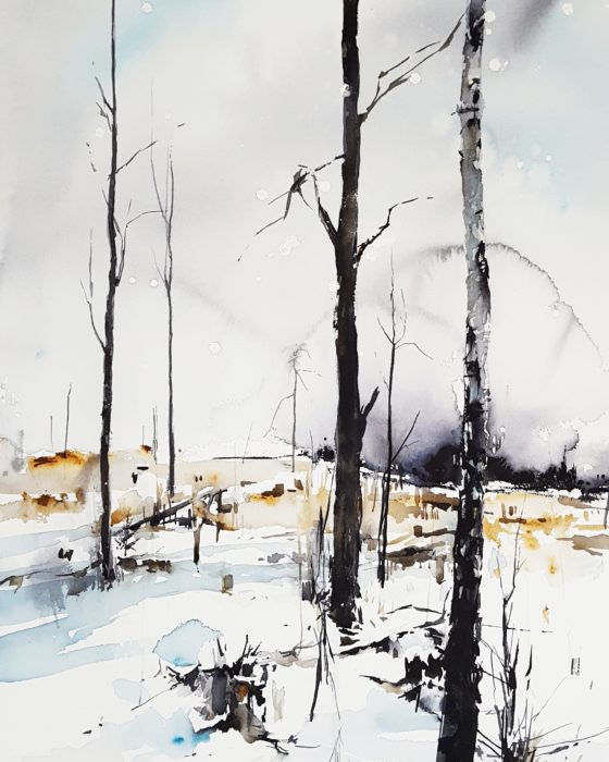Akvarell av Elisabeth Biström, 50x70 cm, föreställande ett snöigt kalhygge