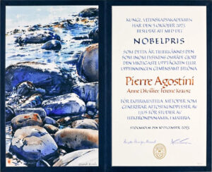 Nobel diploma for physics laureate Pierre Agostrini with artwork from Elisabeth Biström