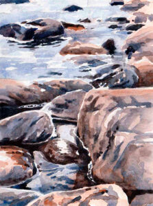 Akvarell Elisabeth Biström, "Klucka mot strand"