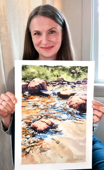 Elisabeth Biström med konsttrycket "Här och nu"