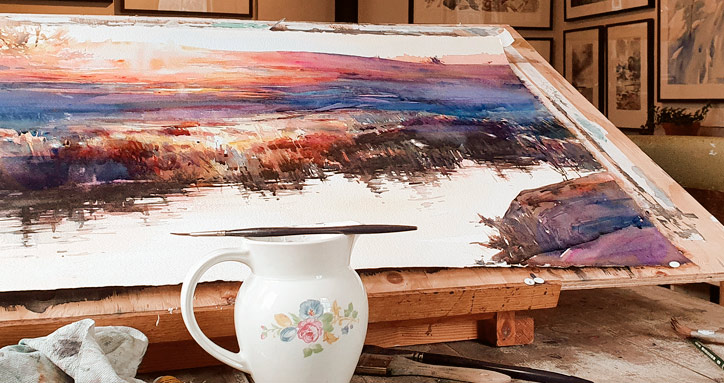 Bild av akvarell i Elisabeth Biströms ateljé