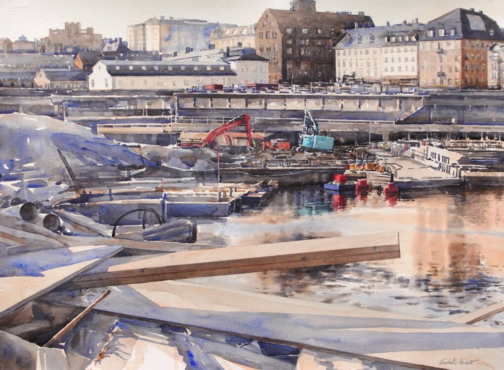 Akvarell av Elisabeth Biström, motiv från Slussen