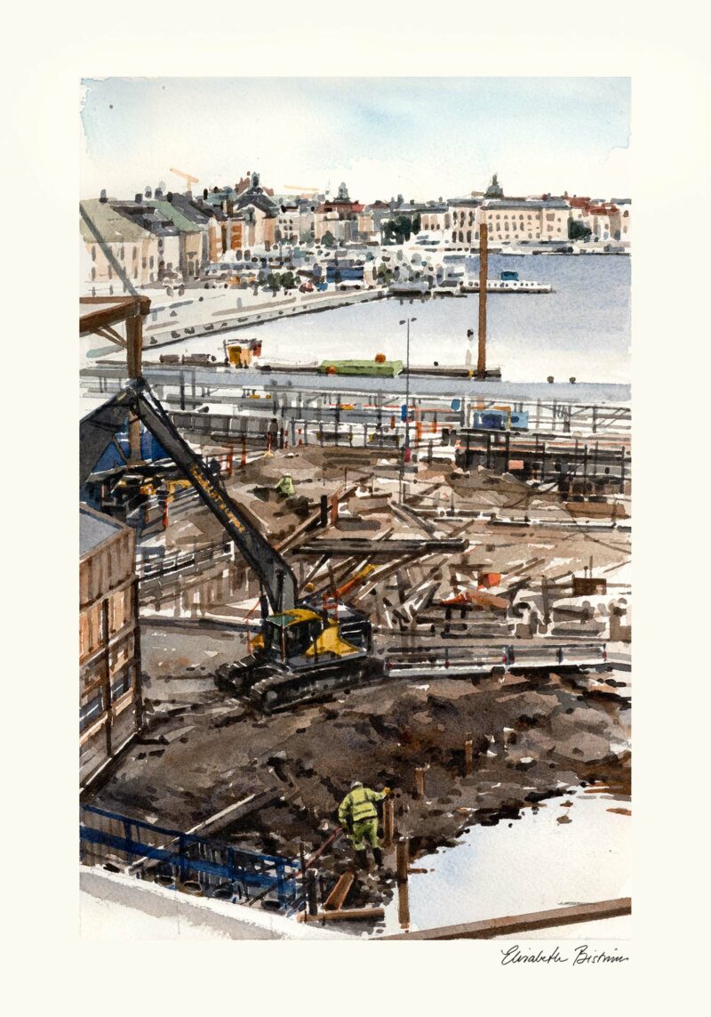Akvarell med motiv från Slussen, av Elisabeth Biström