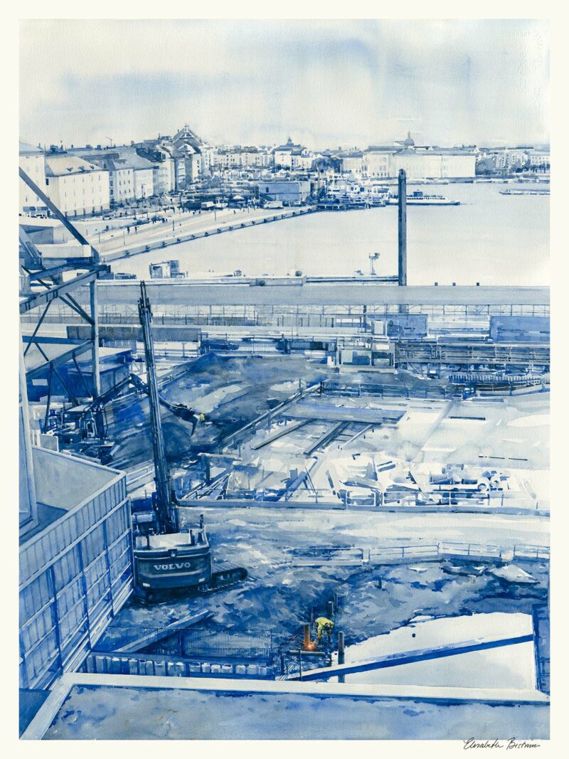 Konsttryck, akvarell Elisabeth Biström, motiv från Slussen
