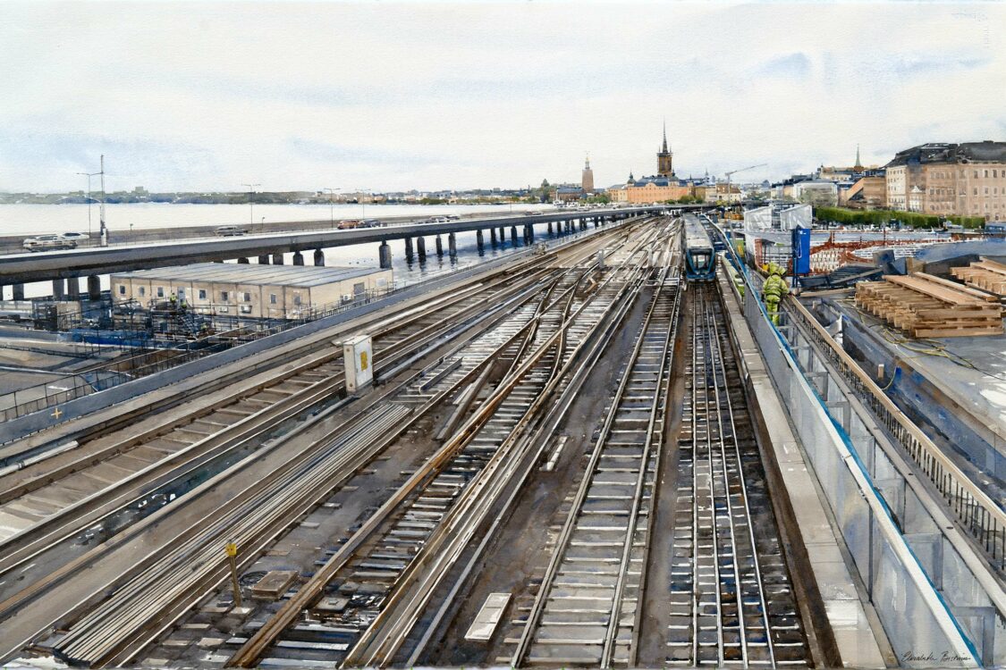 Konsttryck, akvarell Elisabeth Biström, motiv från Slussen