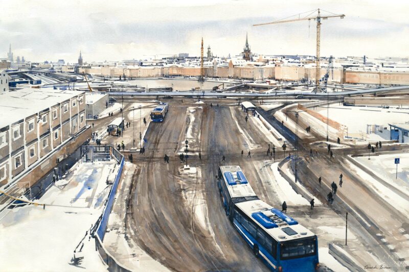 Konsttryck, akvarell Elisabeth Biström, motiv från Slussen