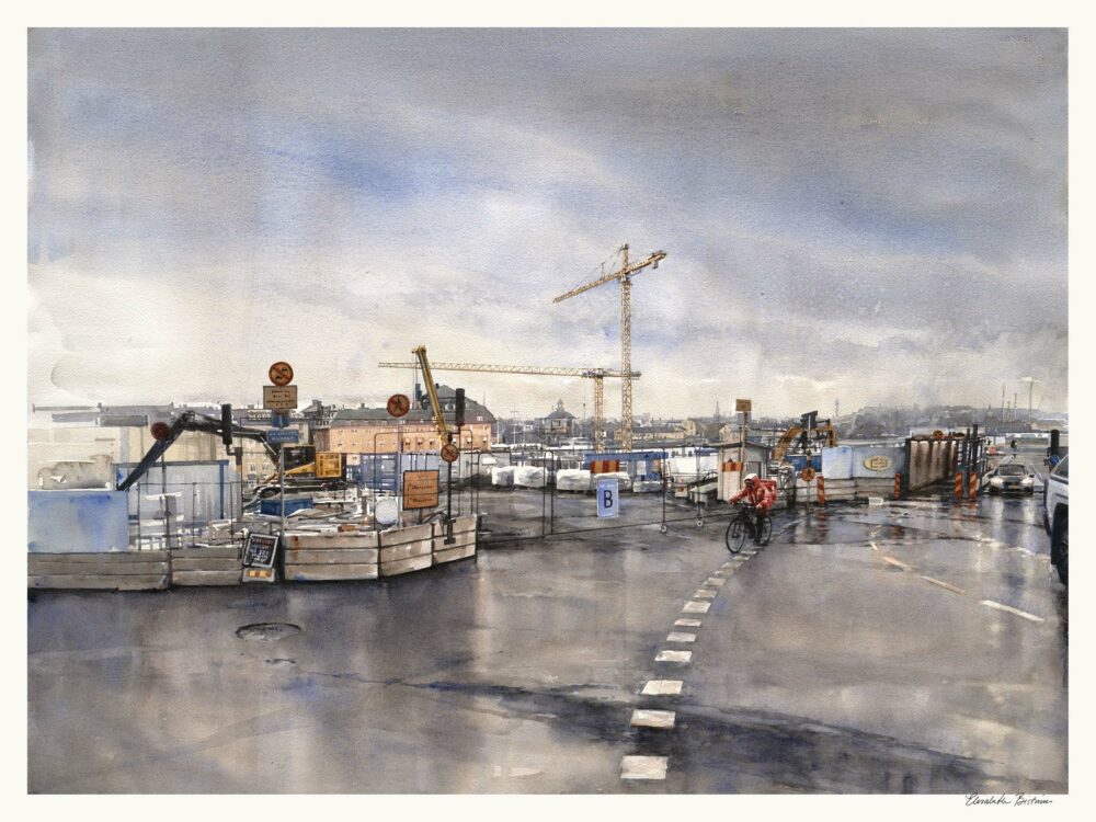 Konsttryck, akvarell Elisabeth Biström, motiv från Slussen