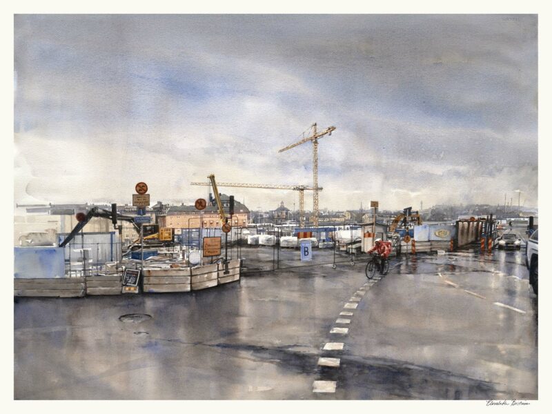 Konsttryck, akvarell Elisabeth Biström, motiv från Slussen